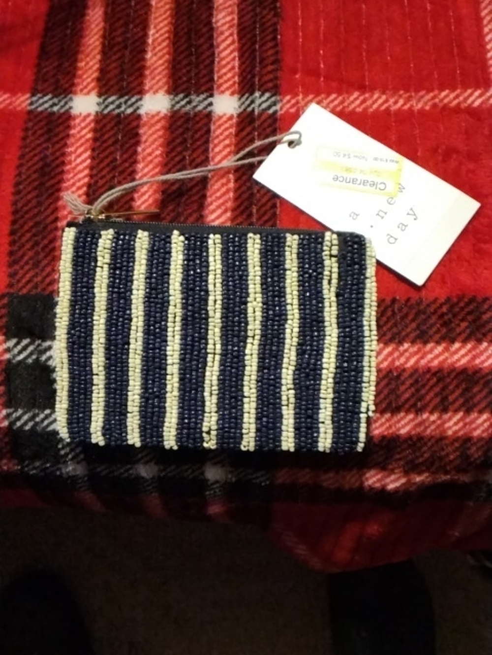Beaded Navy and Cream Stripe Wristlet